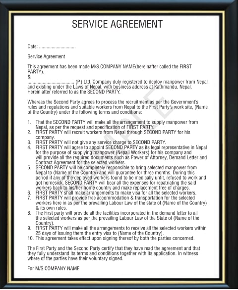 Service Agreement Between Company & Our Company 